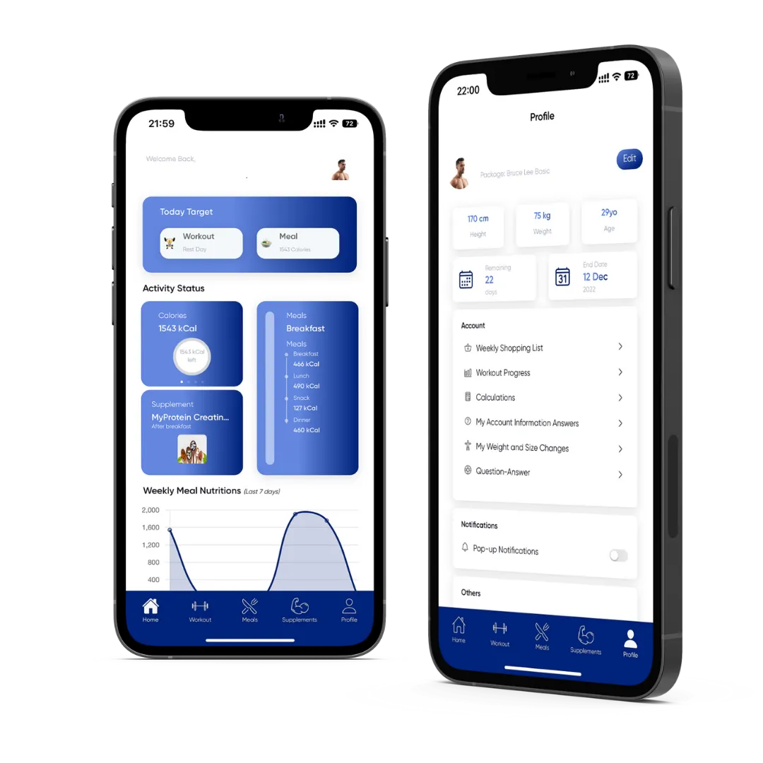 Two screens from the Workouth client app: the home screen with today's workout and meal targets, activity status and weekly nutrition, and the profile screen.